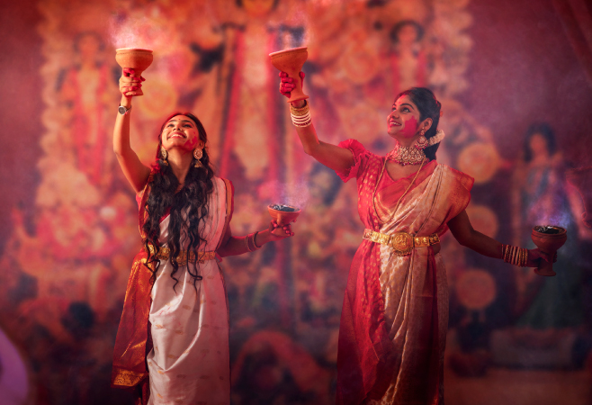 The first three days are dedicated to Durga, the next three to Lakshmi, and the last three to Saraswati