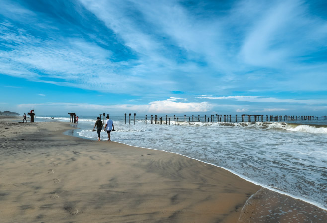 The Alappuzha beach is famous for local getaways, its intrinsic beauty and a 150 years old pier which stretches into the sea