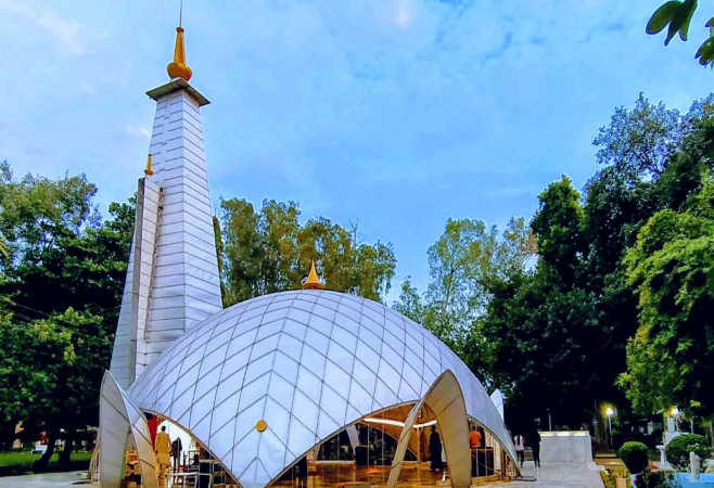 The EME temple is a rare religious construct which follows secularism and represents 5 major religions of the world.