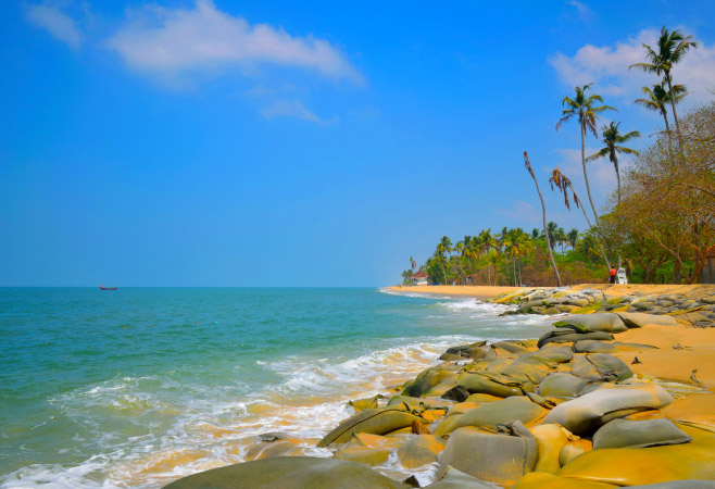 Marari Beach is the best place to visit in the Alleppey with its turquoise waters, golden sands, and palm trees in the background